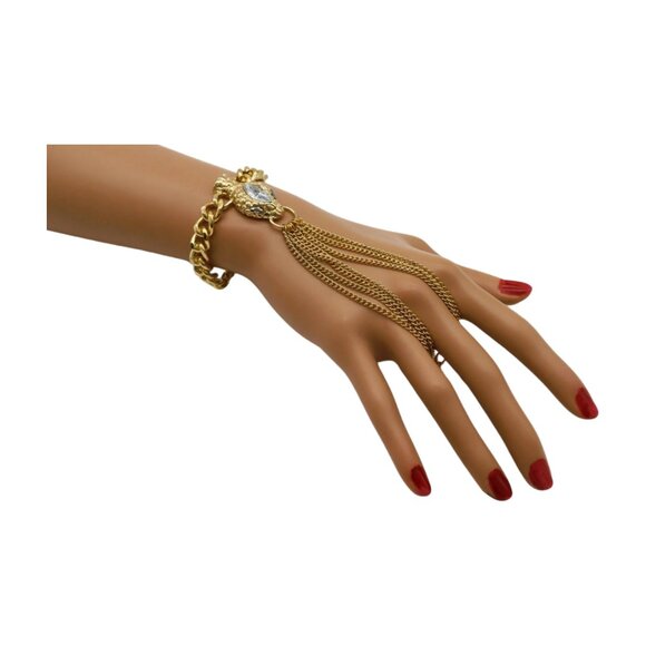 New Women Gold Fashion Bracelet Metal Hand Chain Connected Ring Bling Snake Head - Picture 10 of 17